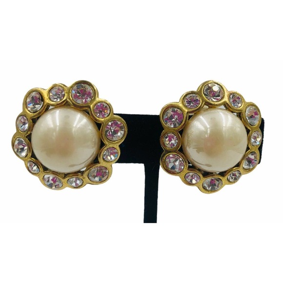 Unbranded Jewelry - Gold Tone Crystal Cabochon Pearl Clip Earrings